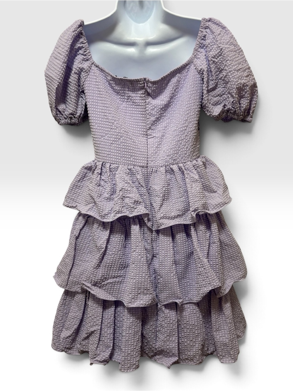 PrettyLittleThing Lilac Puff Sleeve Tiered Ruffle Mini Dress US 2 - Picture 3 of 5